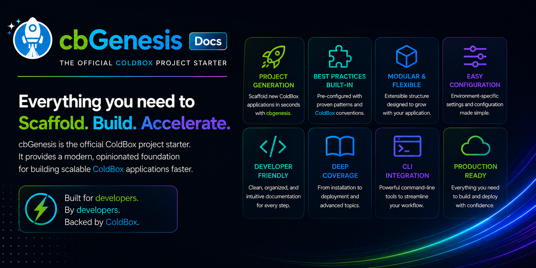 CB Genesis Docs - The official ColdBox project starter. Everything you need to Scaffold. Build. Accelerate. Built for developers, by developers, backed by ColdBox.
