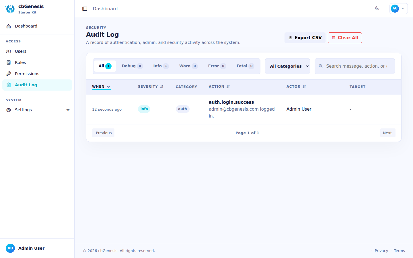 The Audit Log admin page, showing a recorded sign-in