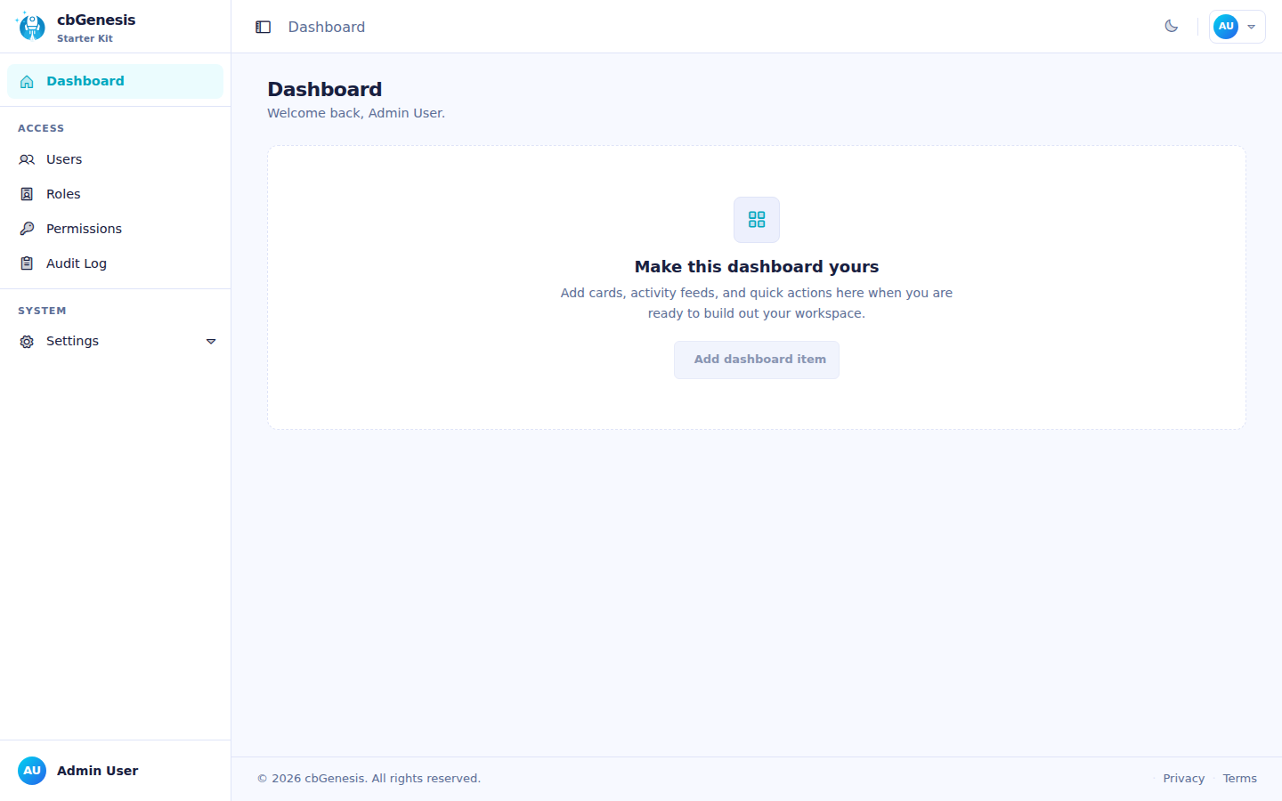 The admin dashboard after signing in