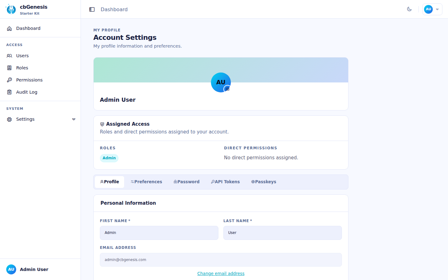 The Profile page, showing the avatar upload and assigned role