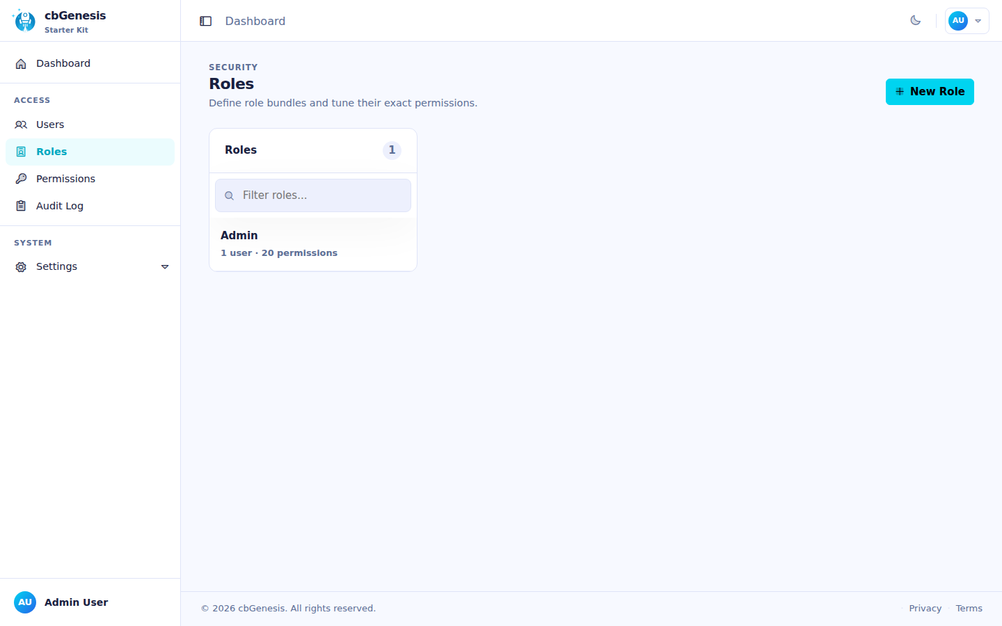 The Roles admin page