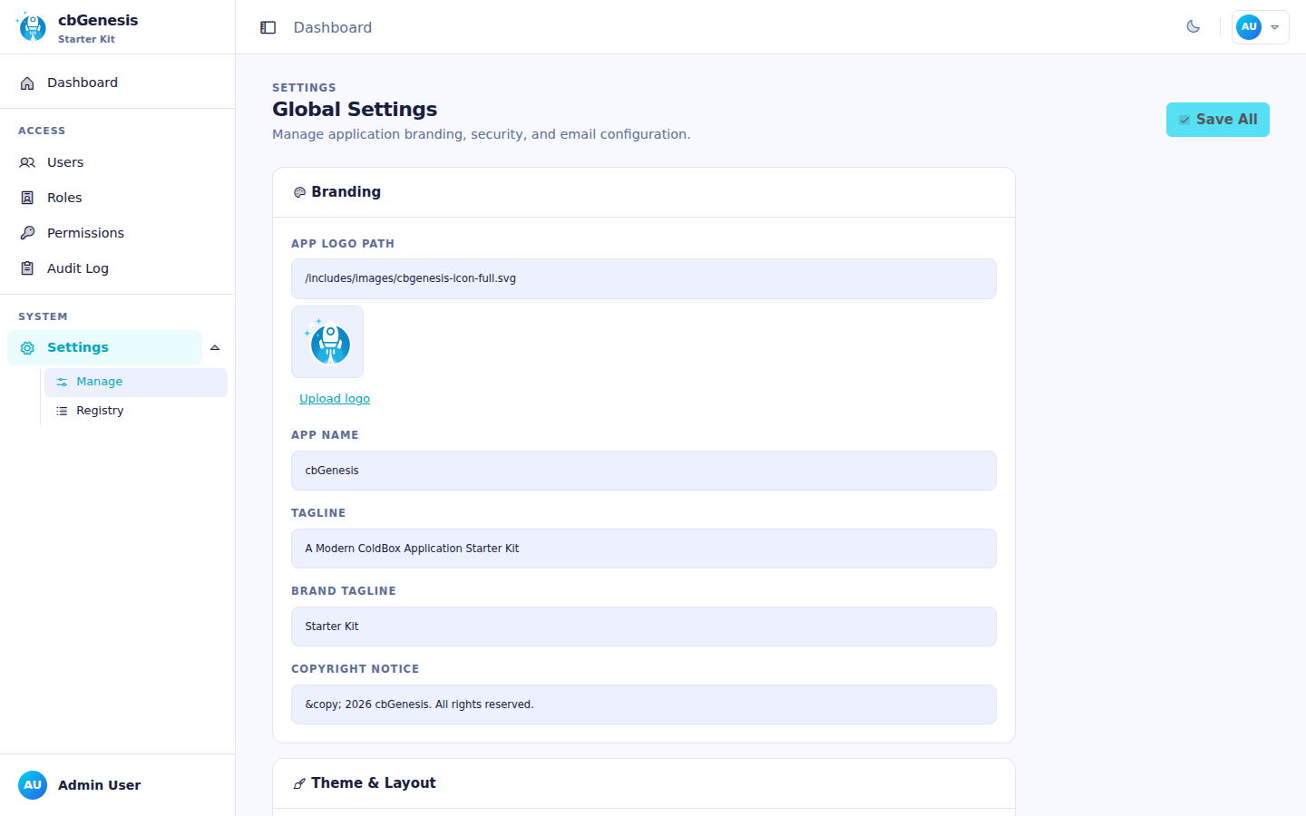 The Global Settings admin page