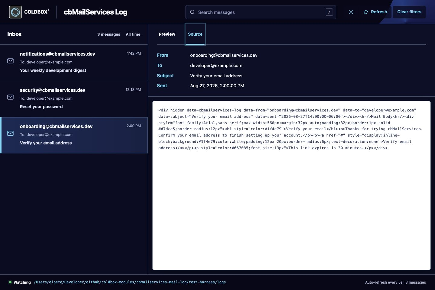 The cbMailServices Log viewer's Source tab, showing the raw HTML of a sent email
