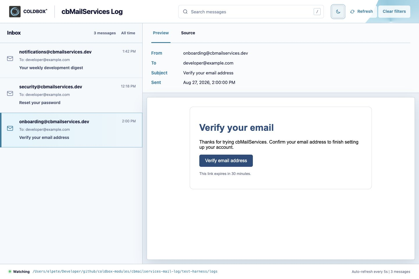 確認メールのレンダリングされたプレビューを表示する cbMailServices ログビューア
